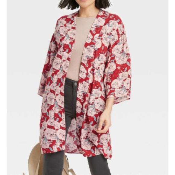 Knox Rose Open Kimono Cardigan Womens XL/XXL Red Floral Boho Beachy Coverup - Picture 2 of 11